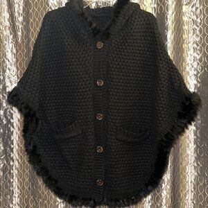 Fabulous Black Chunky Knit Hooded Poncho Sweater with Fur Trim & Button Closure
